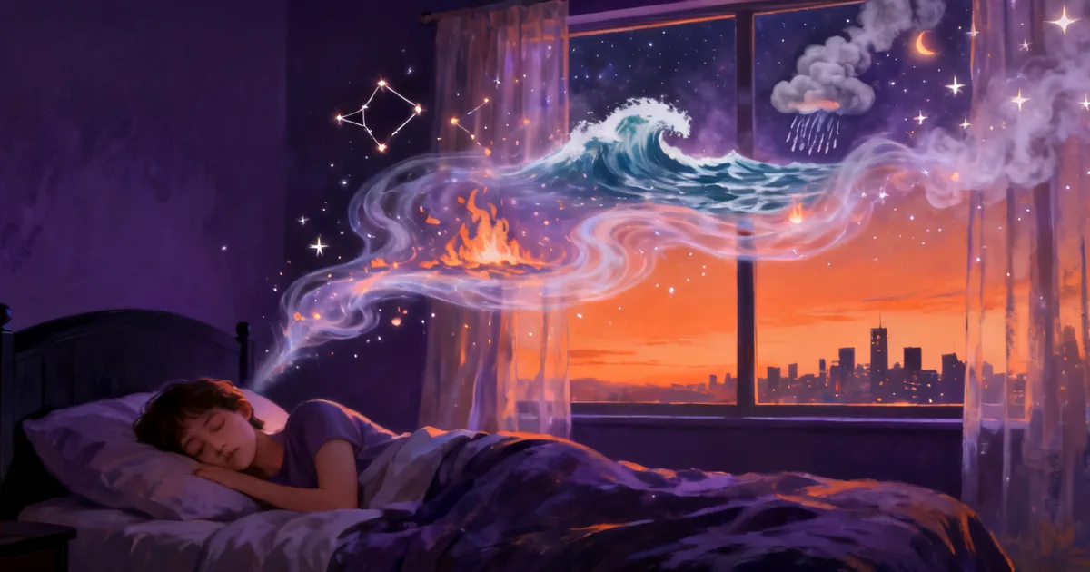 Persona dormida con un sueño de ola, llamas y nube de lluvia sobre la cama