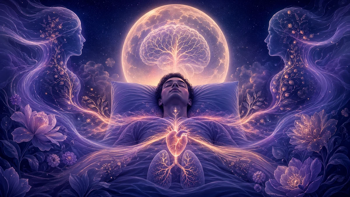 Silueta humana con cerebro luminoso rodeada de indicadores de salud