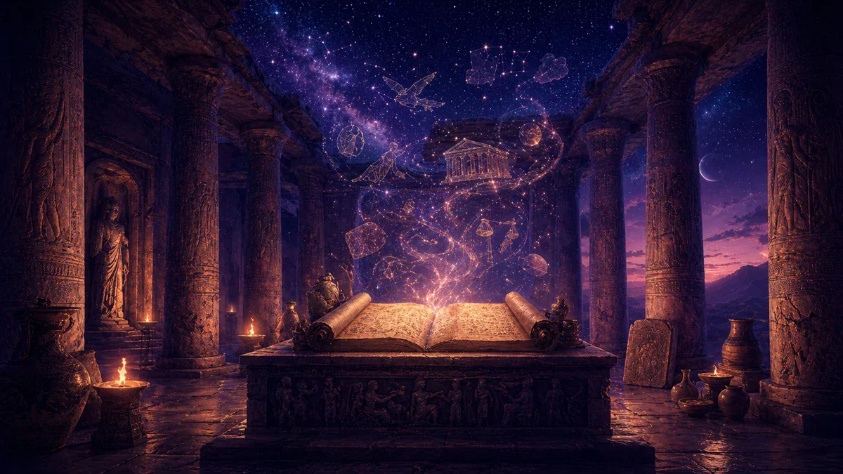 An ancient temple, illuminated book and celestial symbols under a night sky