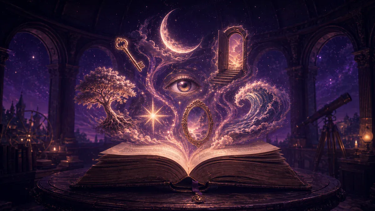 An open dream dictionary surrounded by a key, eye, tree, wave and doorway