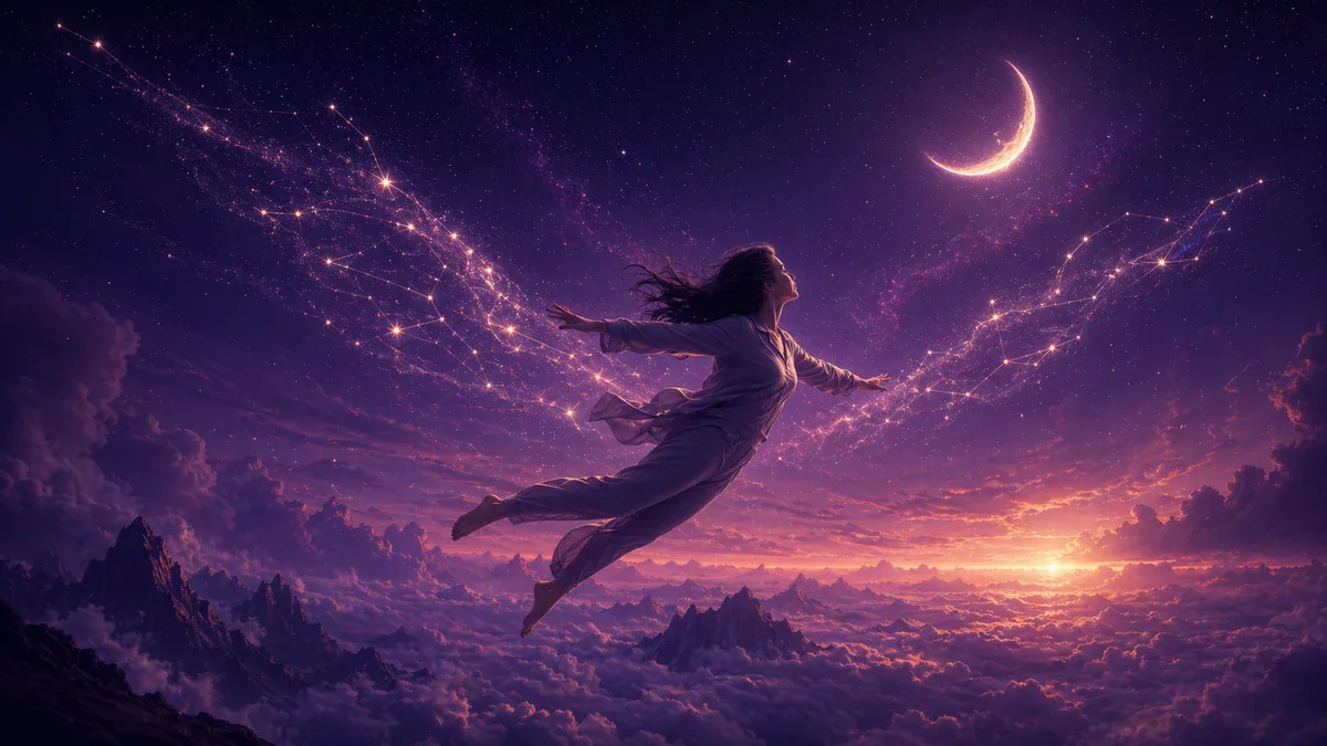 Una persona vuela libremente por un cielo nocturno violeta y luminoso