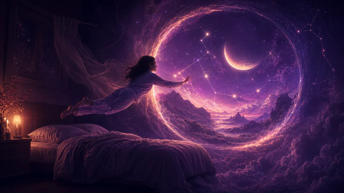 Una persona flota desde su cama hacia un paisaje onírico luminoso