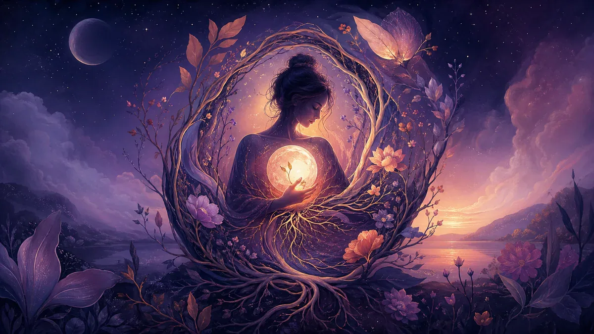 A woman beside a moonlit tree with symbols of growth and new beginnings