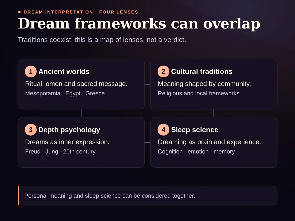 Timeline from ancient dream traditions through Freud and Jung to modern neuroscience