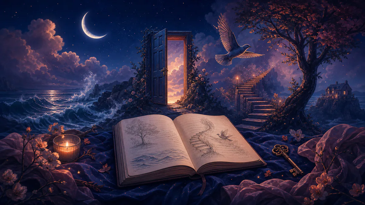 Illustration éditoriale onirique pour « 20 symboles de rêves courants »