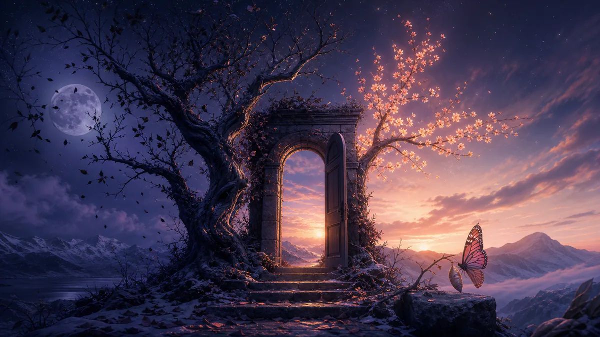 Illustration éditoriale onirique pour « Rêves de mort et transformation »