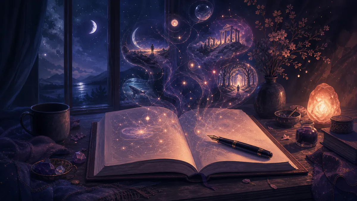 Illustration éditoriale onirique pour « Journal de rêves : rappel, méthodes et routines »