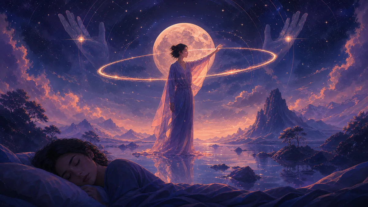 Illustration éditoriale onirique pour « Rêve lucide : guides et techniques »