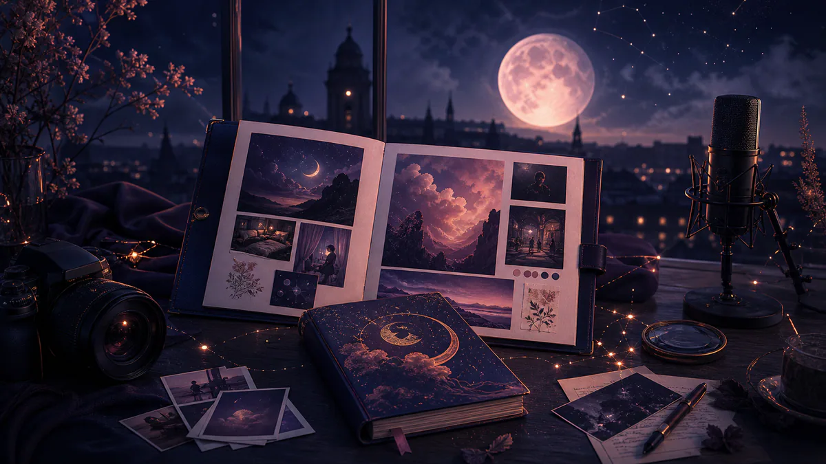 Illustration éditoriale onirique pour « Kit presse Noctalia | Journal de rêves IA »