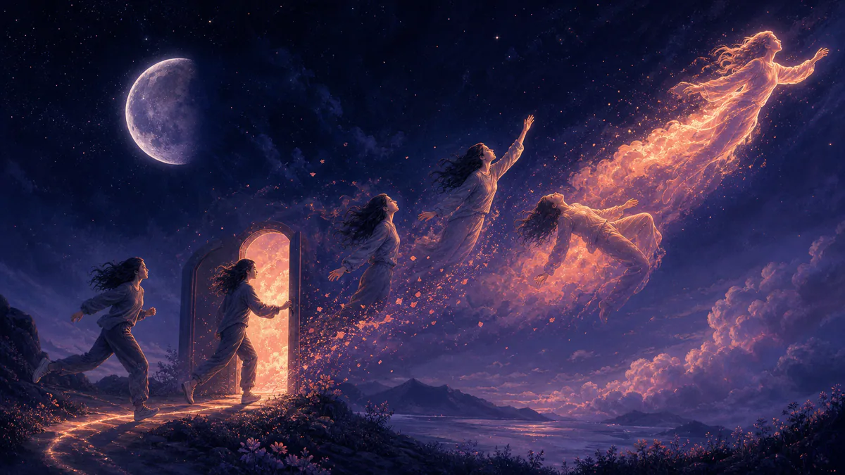 Illustration éditoriale onirique pour « Symboles de rêves : Actions »