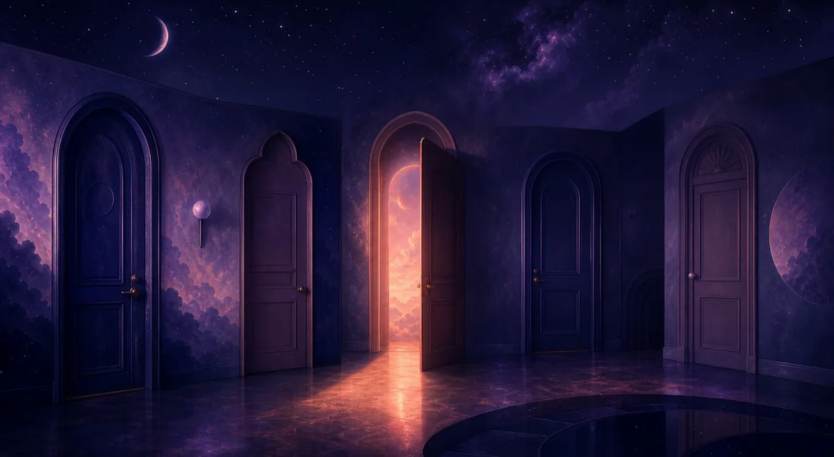 Porte onirique ouverte vers la lumière, symbole de passage et de choix