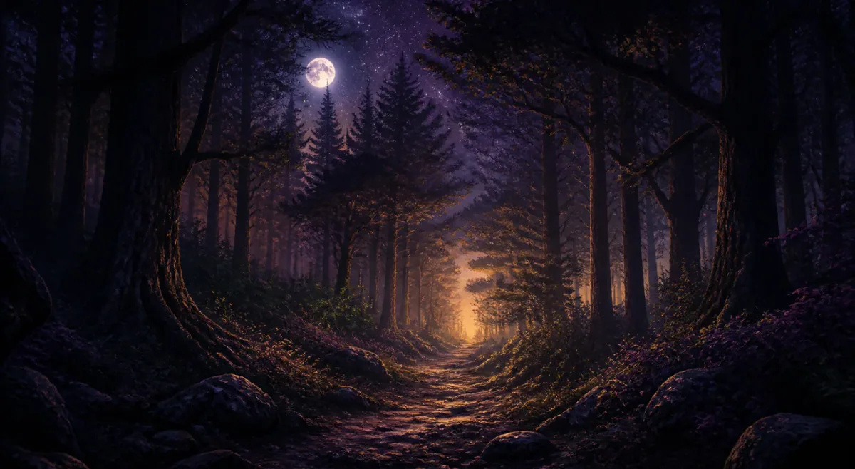 Sentiero nel bosco illuminato dalla luna in un paesaggio onirico
