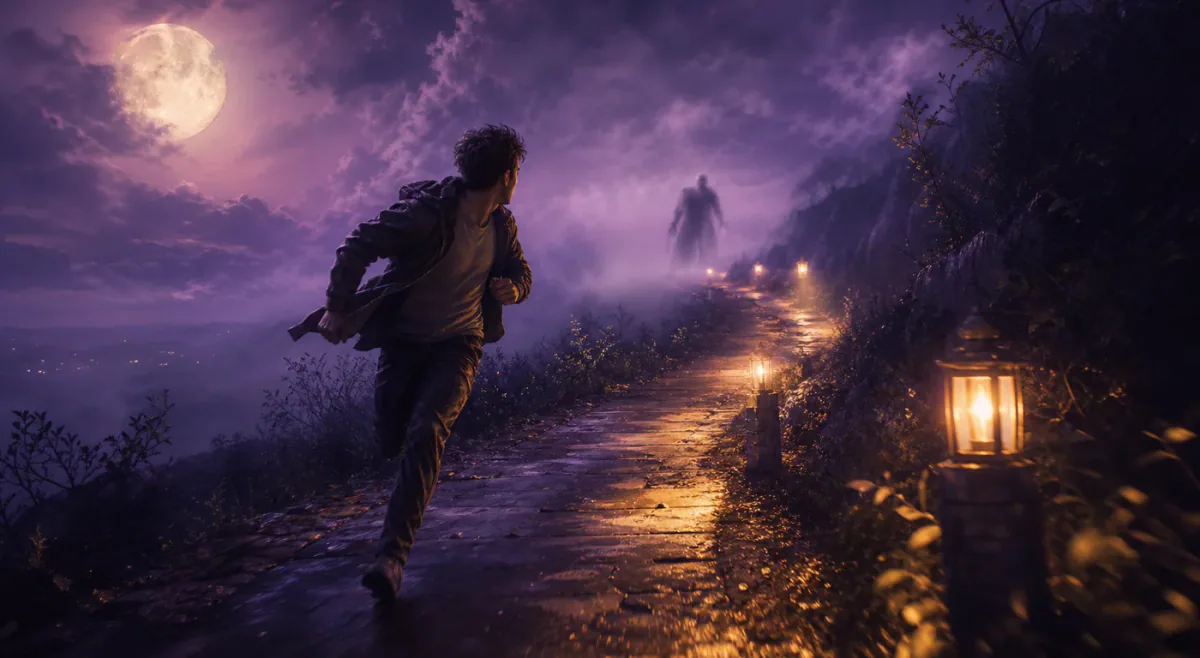 Persona corriendo por un camino iluminado por la luna en un sueño de persecución