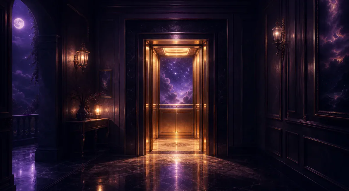 Puertas de ascensor abiertas y luminosas en un pasillo bajo la luna