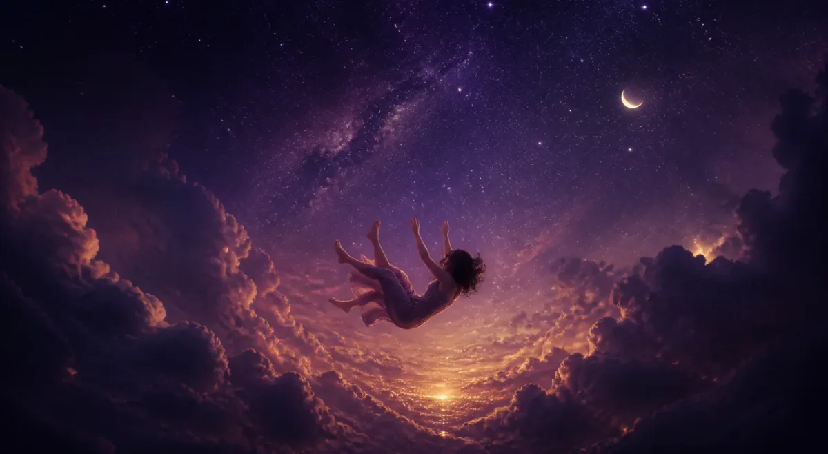 Figure suspended above moonlit clouds in a falling dream