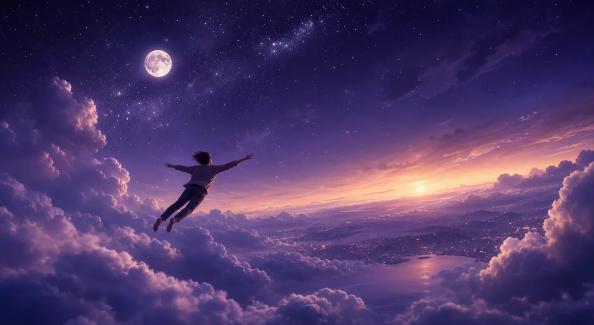 Figure flying above moonlit clouds in a violet dream sky