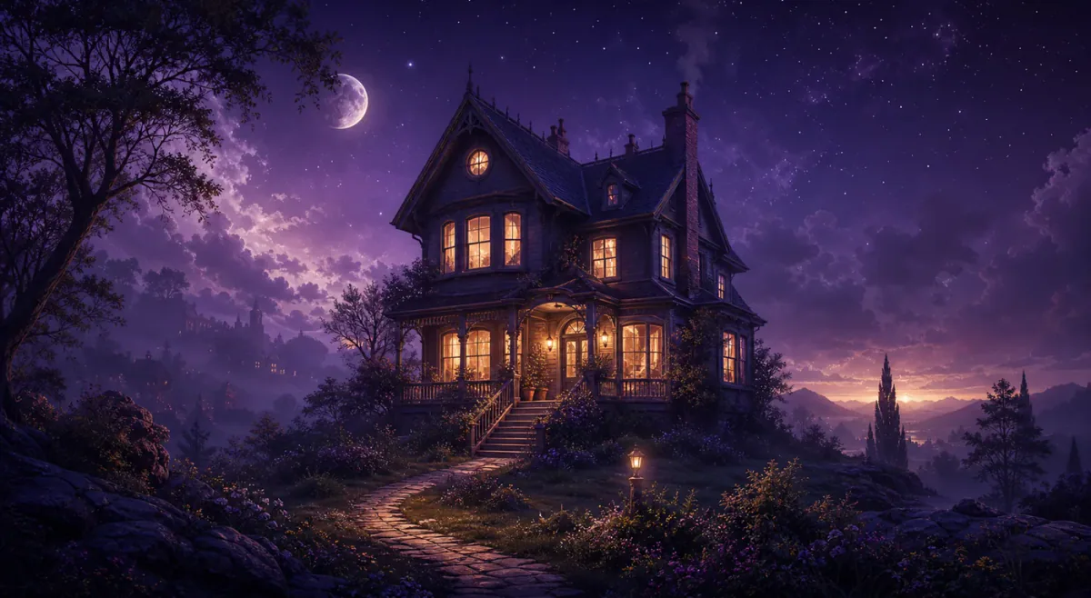 Casa onirica illuminata di notte sotto un cielo stellato