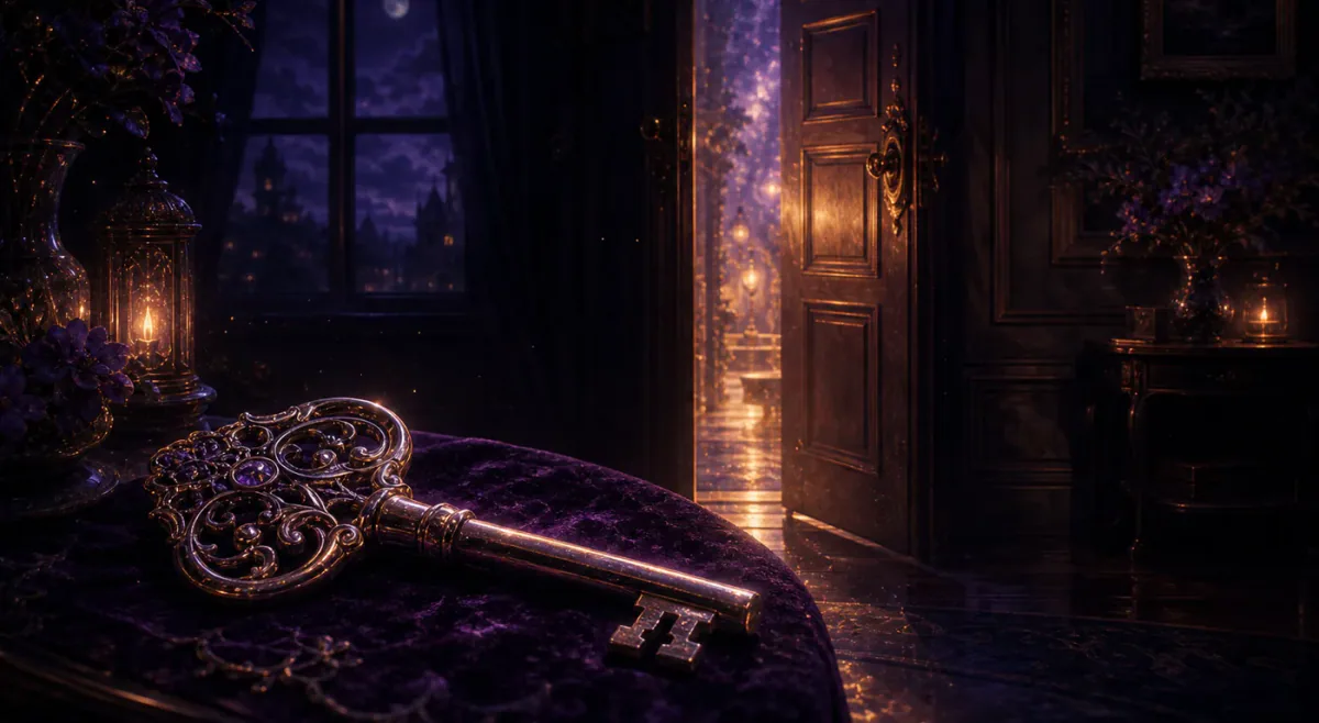 Clé ancienne lumineuse près d’une porte entrouverte au clair de lune