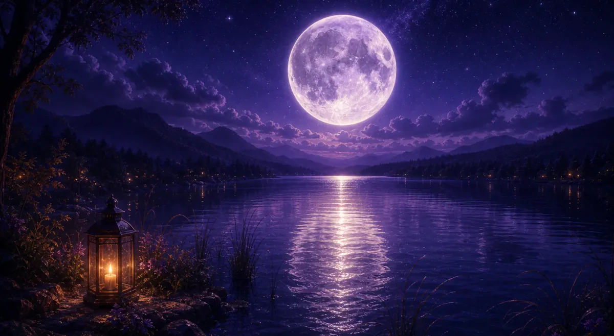 Enorme luna piena sopra un lago viola tranquillo con una lanterna sulla riva