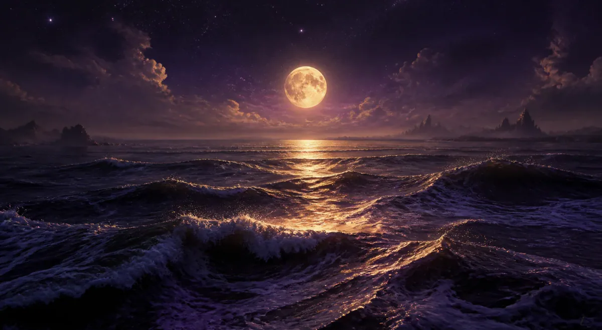 Moonlit ocean waves under a violet night sky