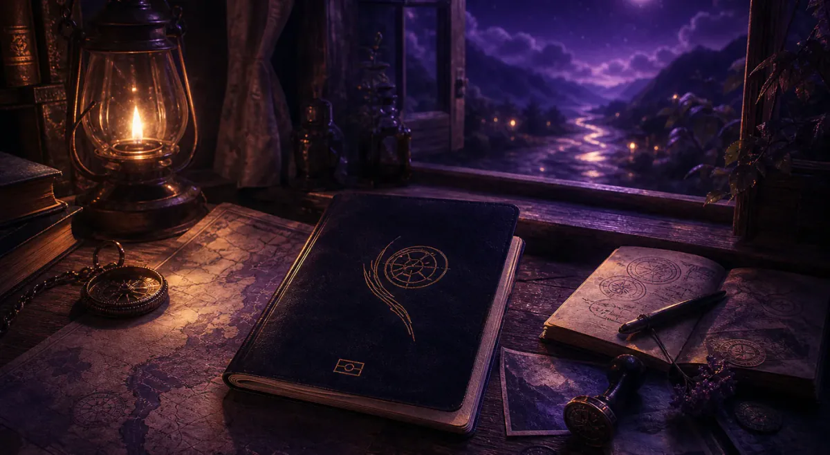 Cuaderno de viaje onírico sobre un escritorio iluminado por la luna junto a una ventana brillante