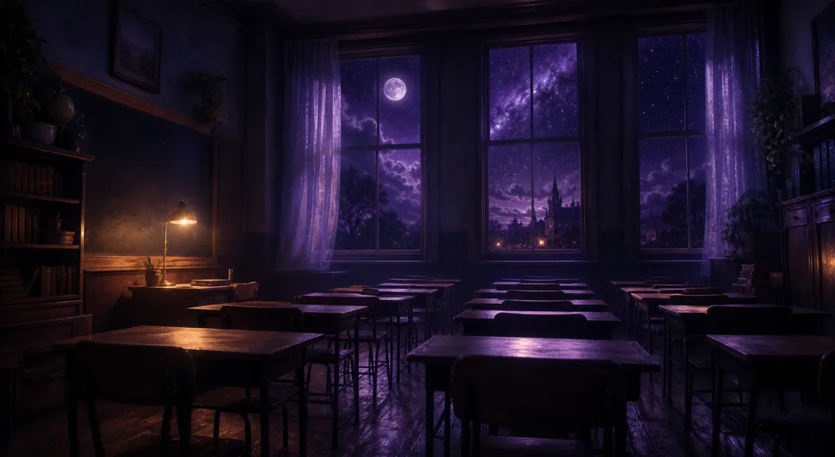 Aula vuota al chiaro di luna con banchi e luce calda