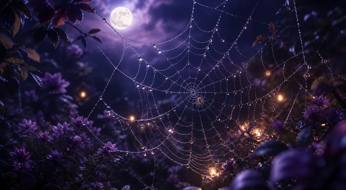 Mondbeschienenes Spinnennetz mit Tau in einem violetten Nachtgarten