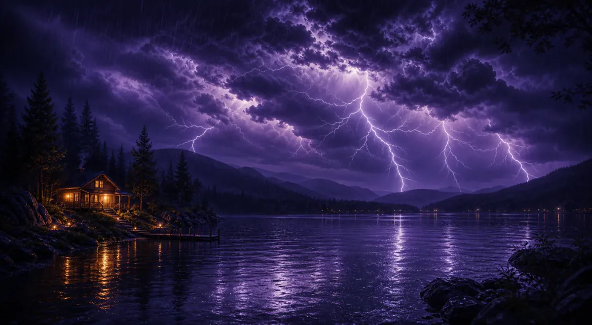 Tormenta nocturna violeta sobre un lago con relámpagos y luz cálida de una cabaña