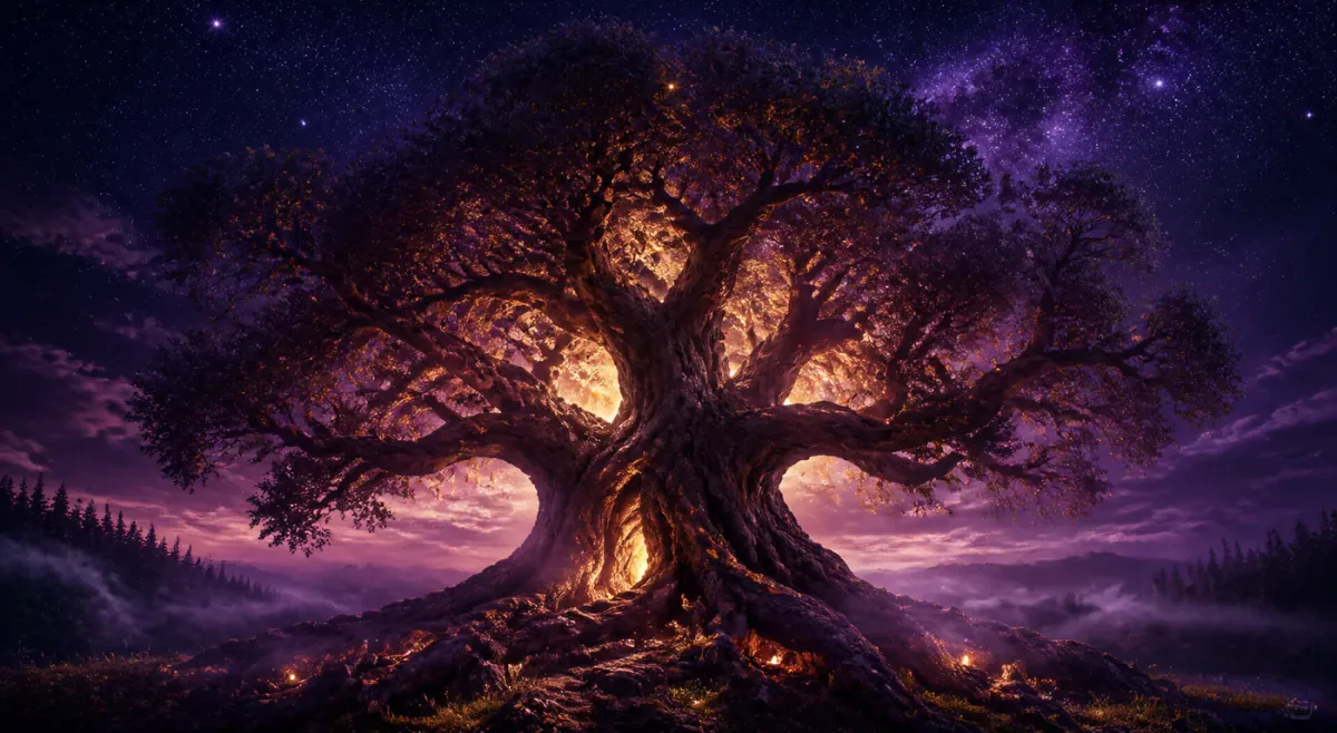 Antico albero luminoso sotto un cielo stellato