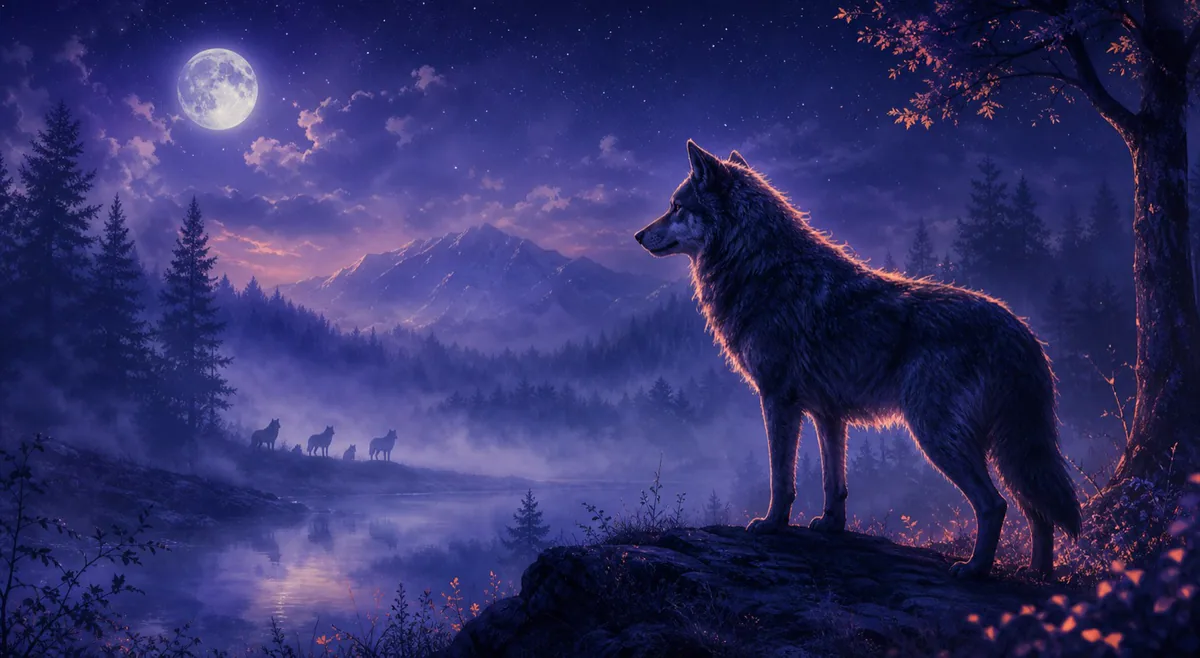 Traumhafter Wolf im Mondlicht, Symbol für Instinkt und inneren Schutz