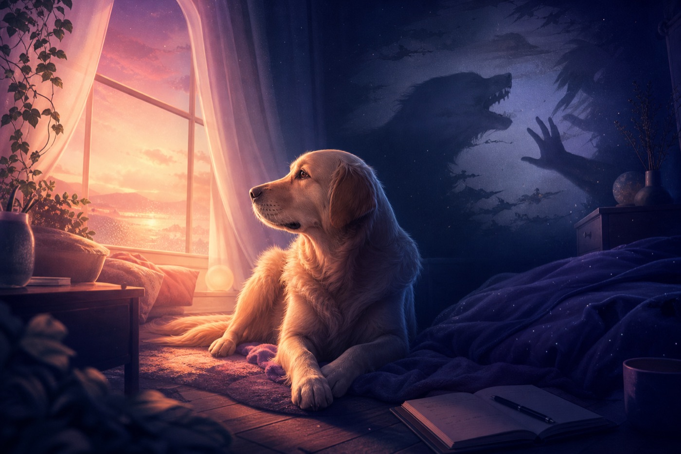 Cane in una stanza onirica tra luce calda e ombra, simbolo di fiducia