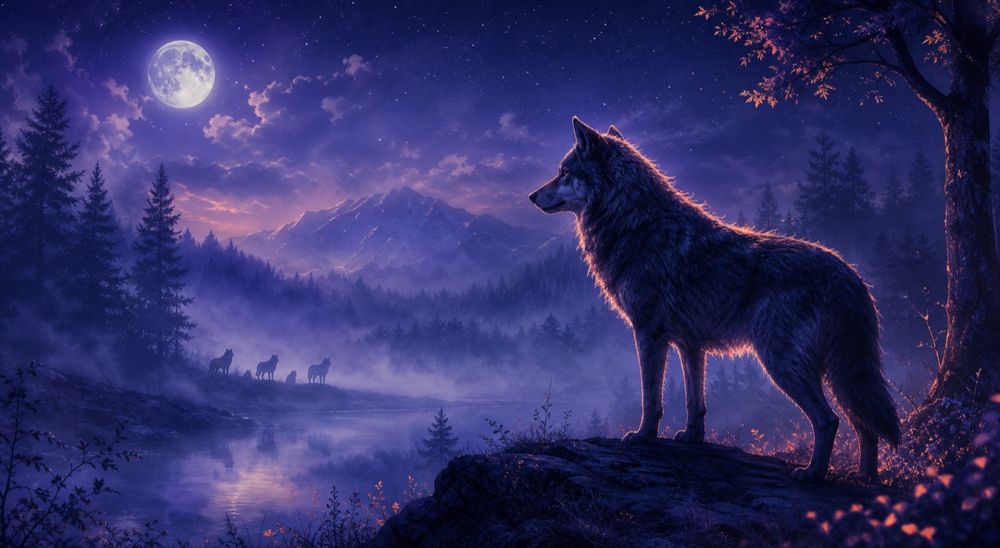 Lobo vigilante en un bosque nocturno, símbolo de instinto y pertenencia